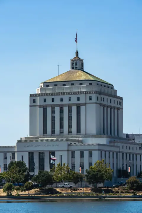 Alameda County Courthouse in Oakland, California, seen across Lake Merritt