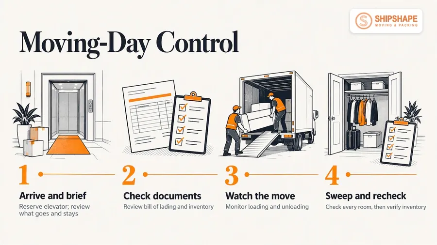 Four moving-day steps: arrive and brief the crew, check documents, watch the move, sweep and recheck