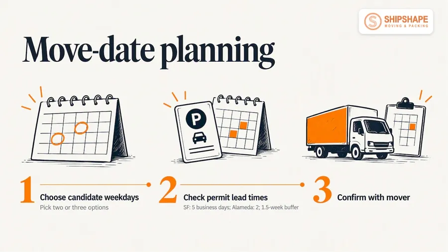 Three steps to pick a move date: choose candidate weekdays, check permit lead times, confirm with your mover