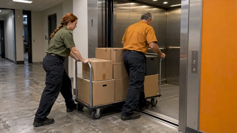 Movers guiding office cartons into a freight elevator