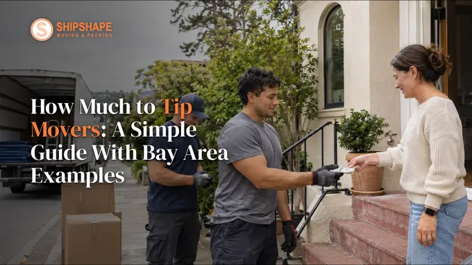 A homeowner and a mover exchanging a cash tip on her front steps, with the moving truck parked at the curb
