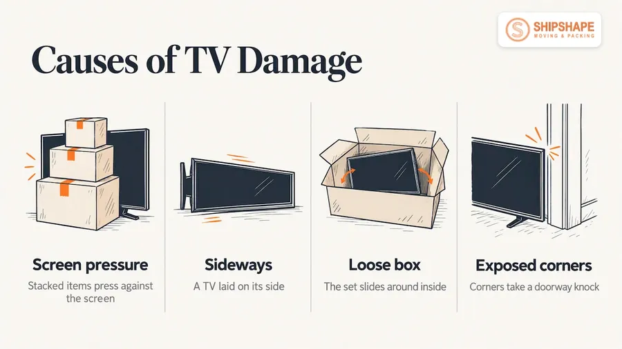Four common causes of TV moving damage: screen pressure, laying it sideways, a loose box and exposed corners