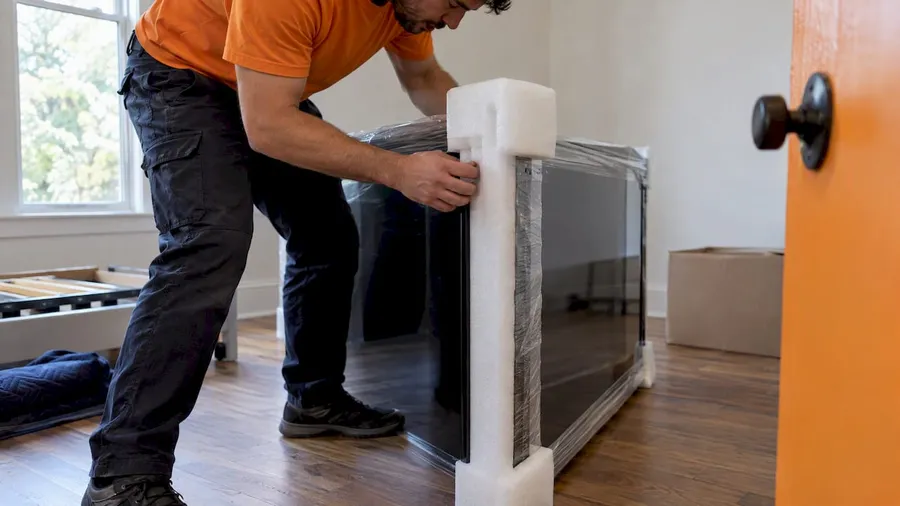 Foam corner guard secured on an upright television