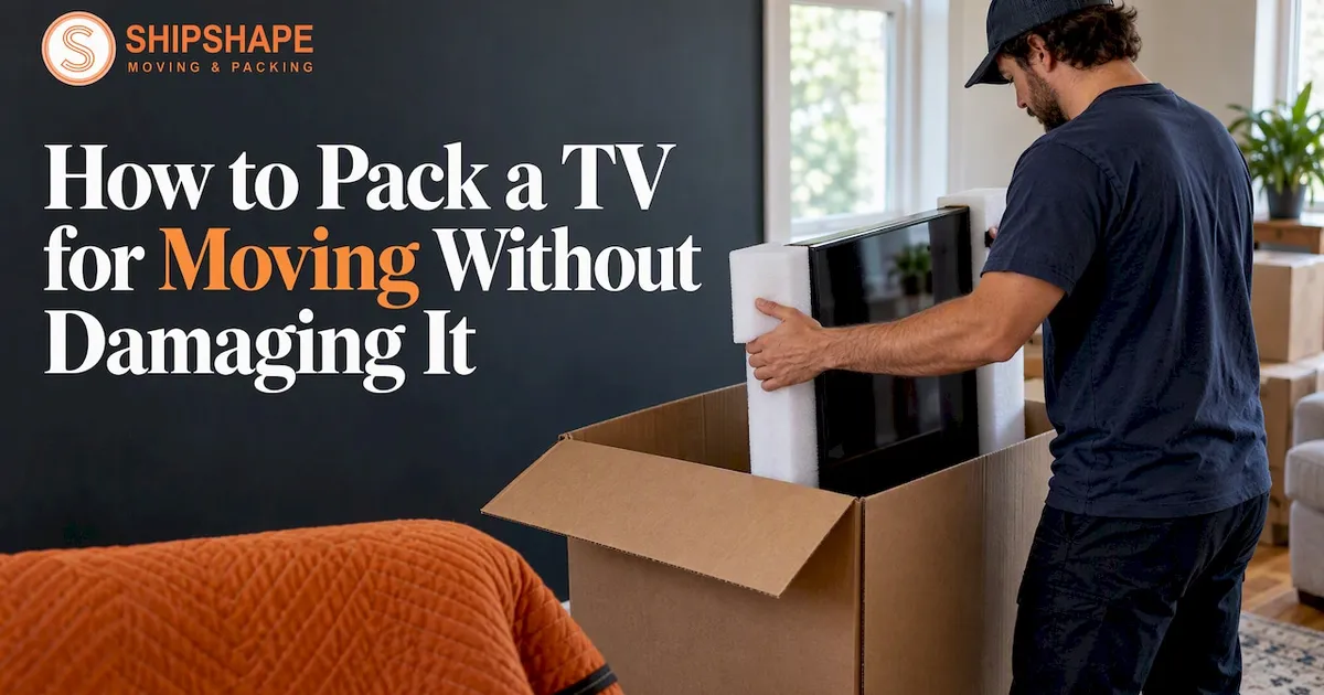 Upright television protected inside a moving box