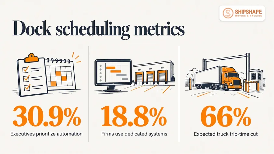 Dock scheduling figures: 30.9% of executives prioritize automation, 18.8% use dedicated systems, 66% expected truck trip-time cut