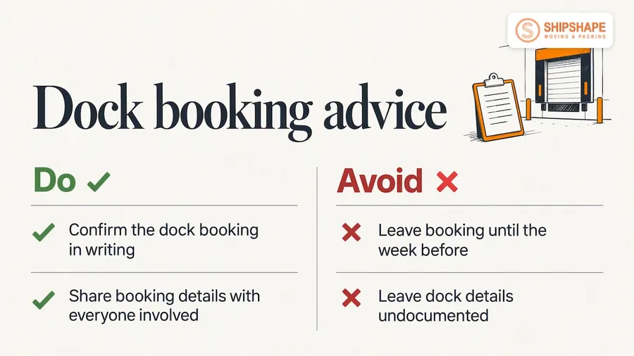 Dock booking advice: confirm the booking in writing and share it, and avoid booking late or leaving details undocumented