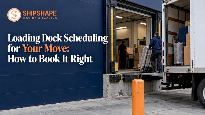 Moving truck positioned at a commercial loading dock