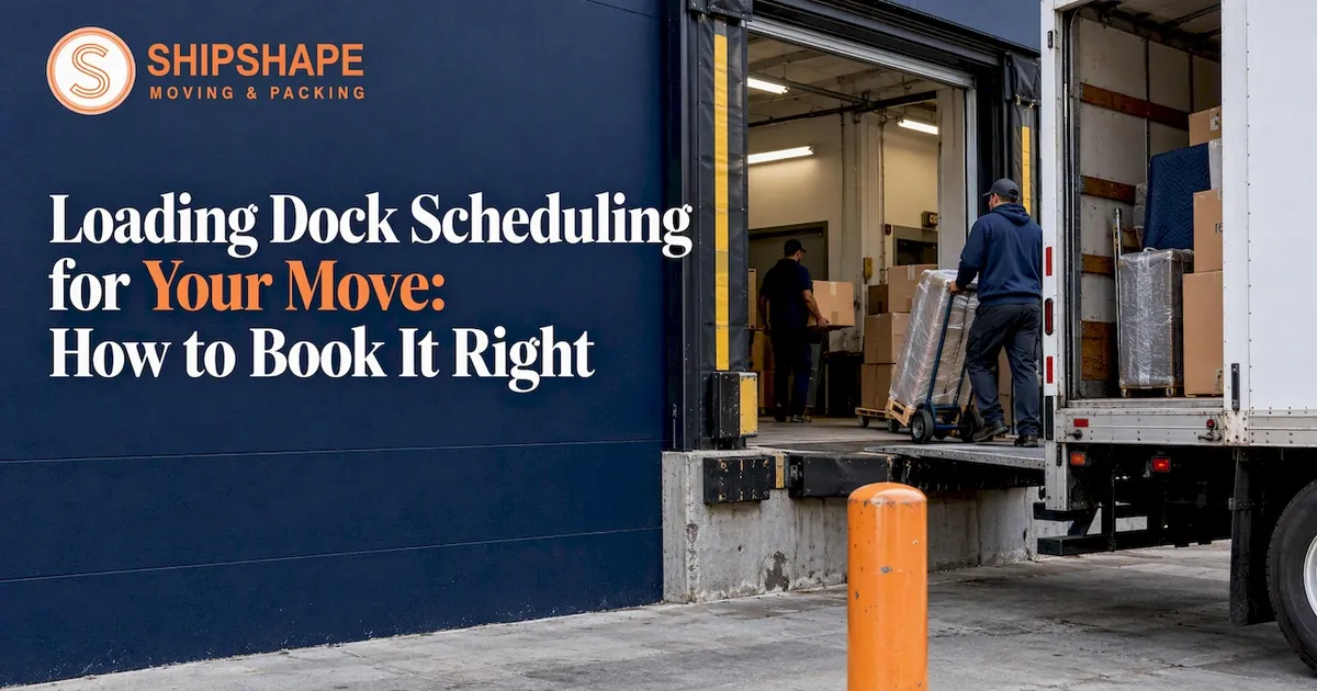 Moving truck positioned at a commercial loading dock
