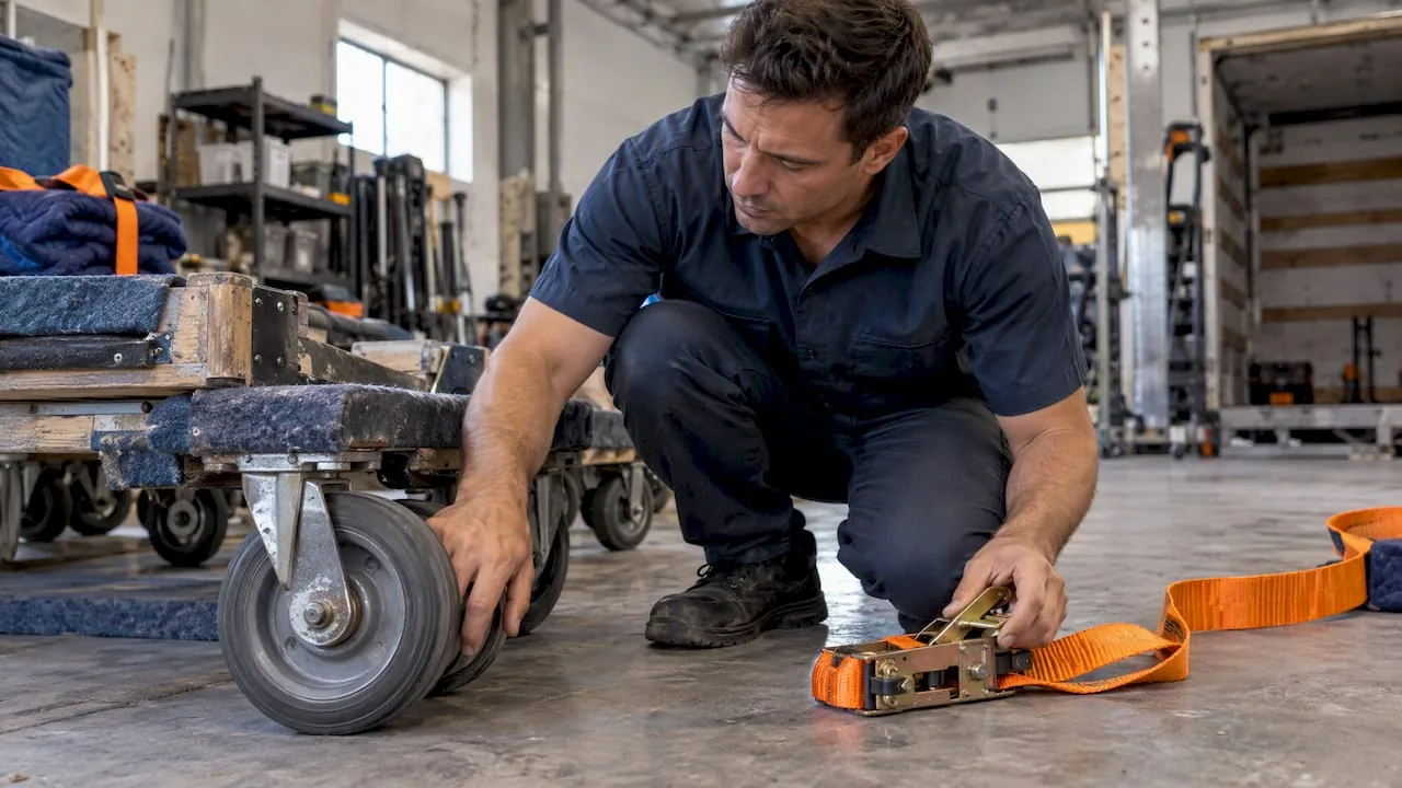 Worker checking a dolly wheel and ratchet strap