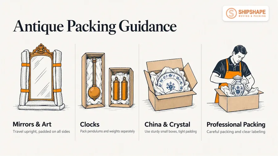 Packing guidance for mirrors and art, clocks, china and crystal, and professional packing