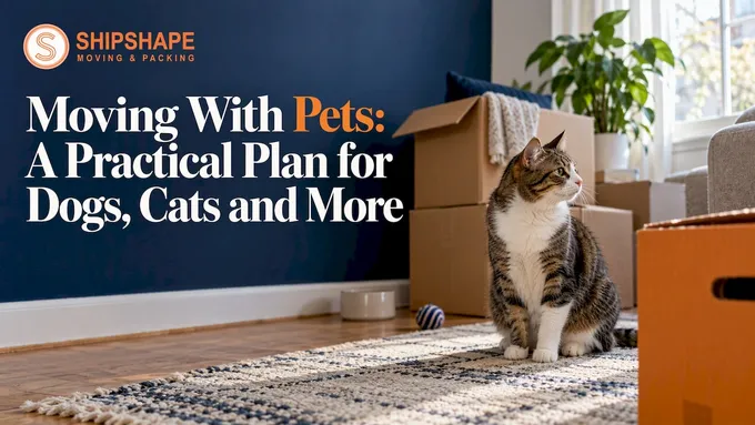 A cat sitting on a rug beside packed moving boxes