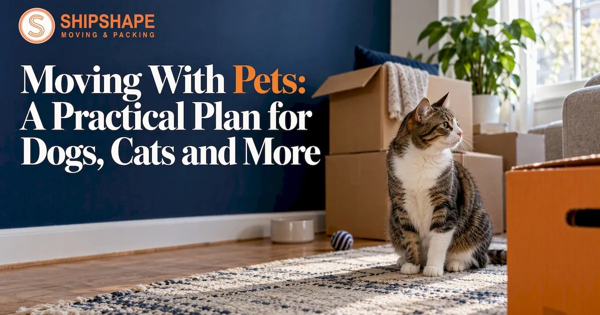 A cat sitting on a rug beside packed moving boxes