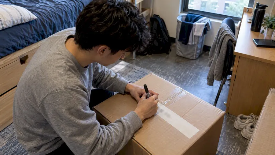 Student writes room details on a moving box