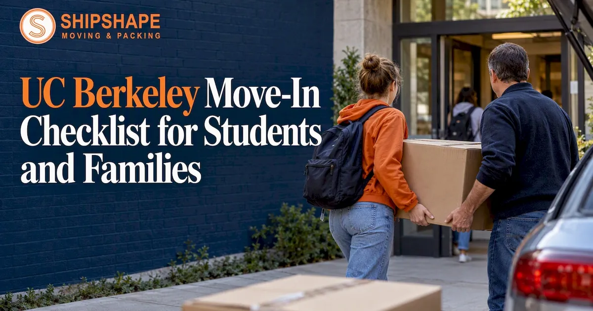 Student and parent carry a box into Berkeley housing