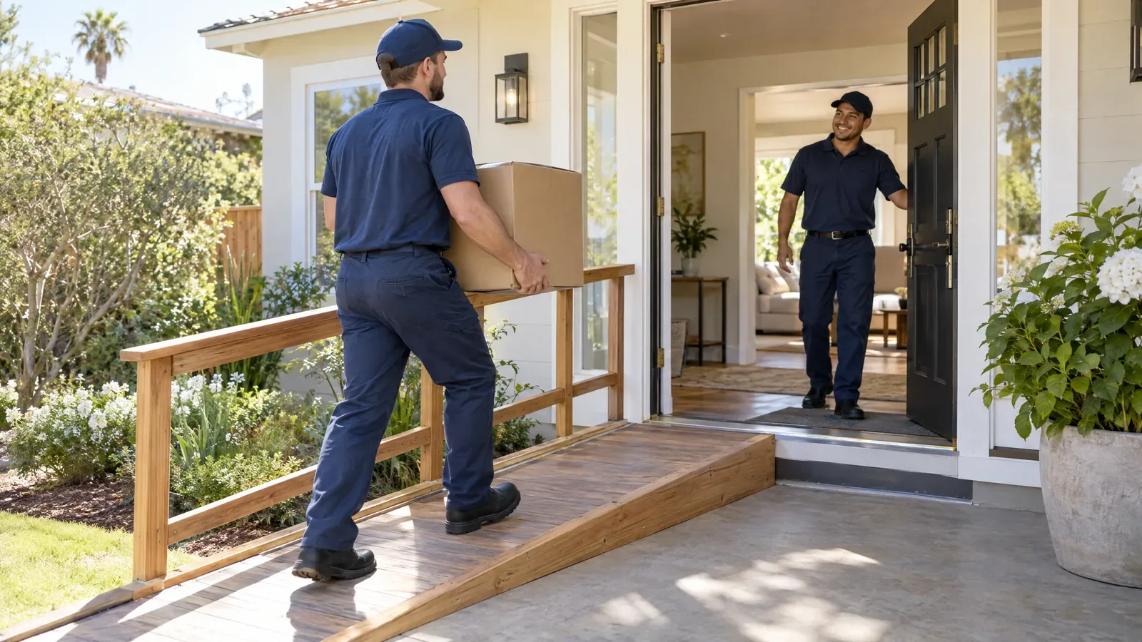 Mover carrying a box up an accessibility ramp to the entrance of a California home