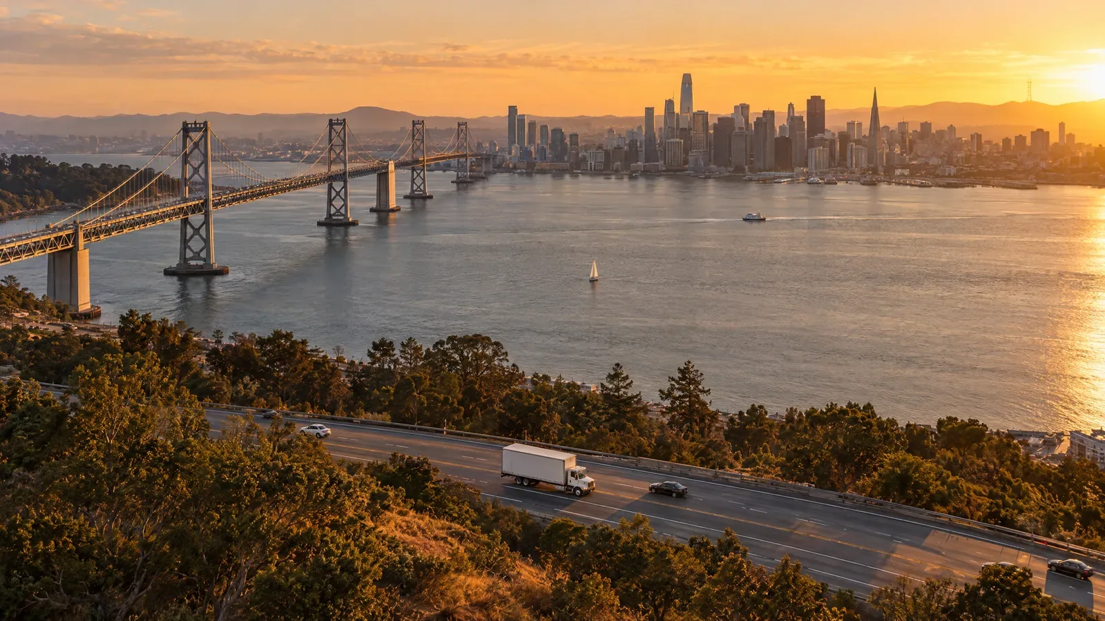 Aerial view of the San Francisco Bay Area with a moving truck on the highway