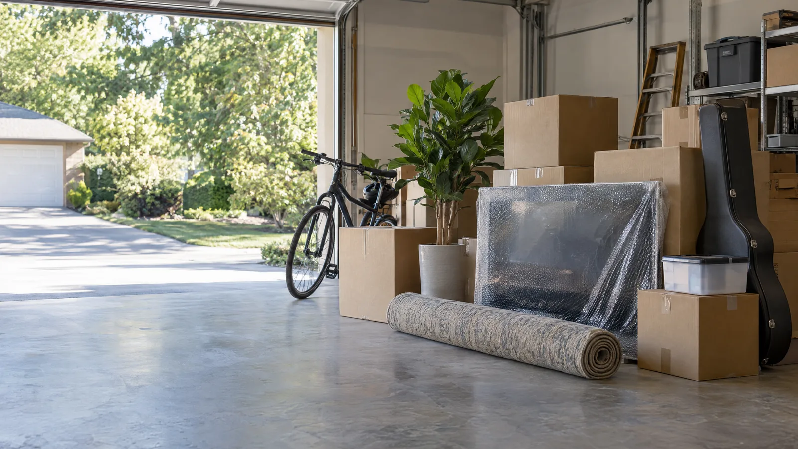 Garage staged for a move with boxes, a wrapped television and a bicycle