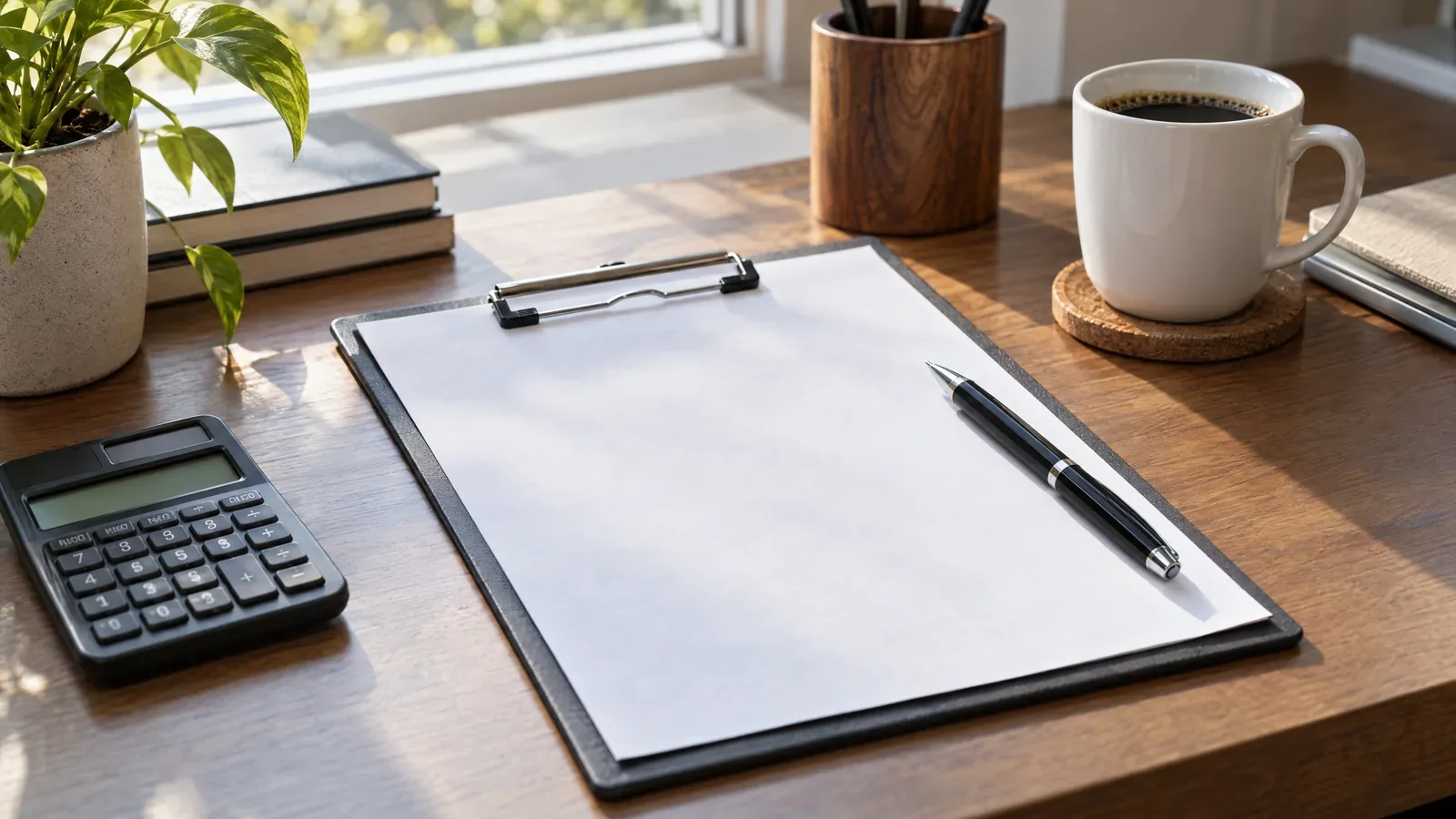 Desk with a blank written moving estimate, pen and calculator for hourly moving rates