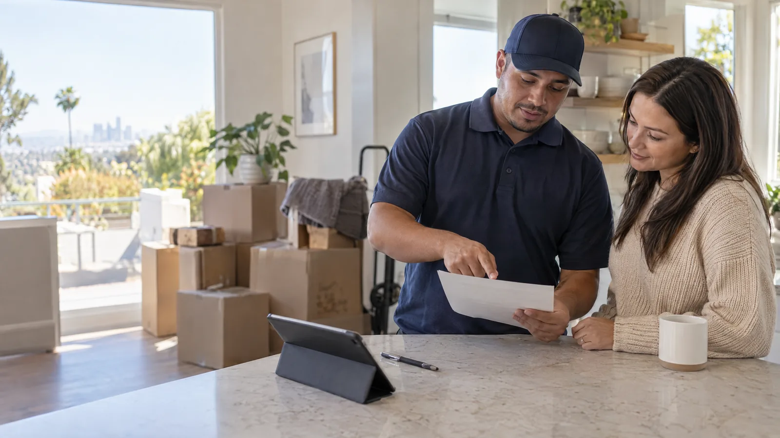 Mover and customer reviewing a written moving estimate at a kitchen counter