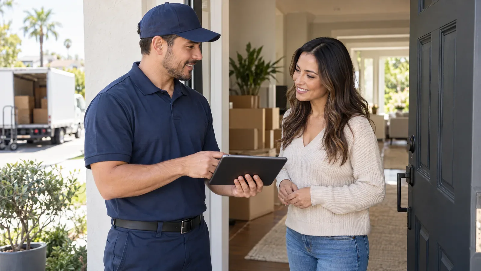 Mover answering a customer's questions at the front door during a move