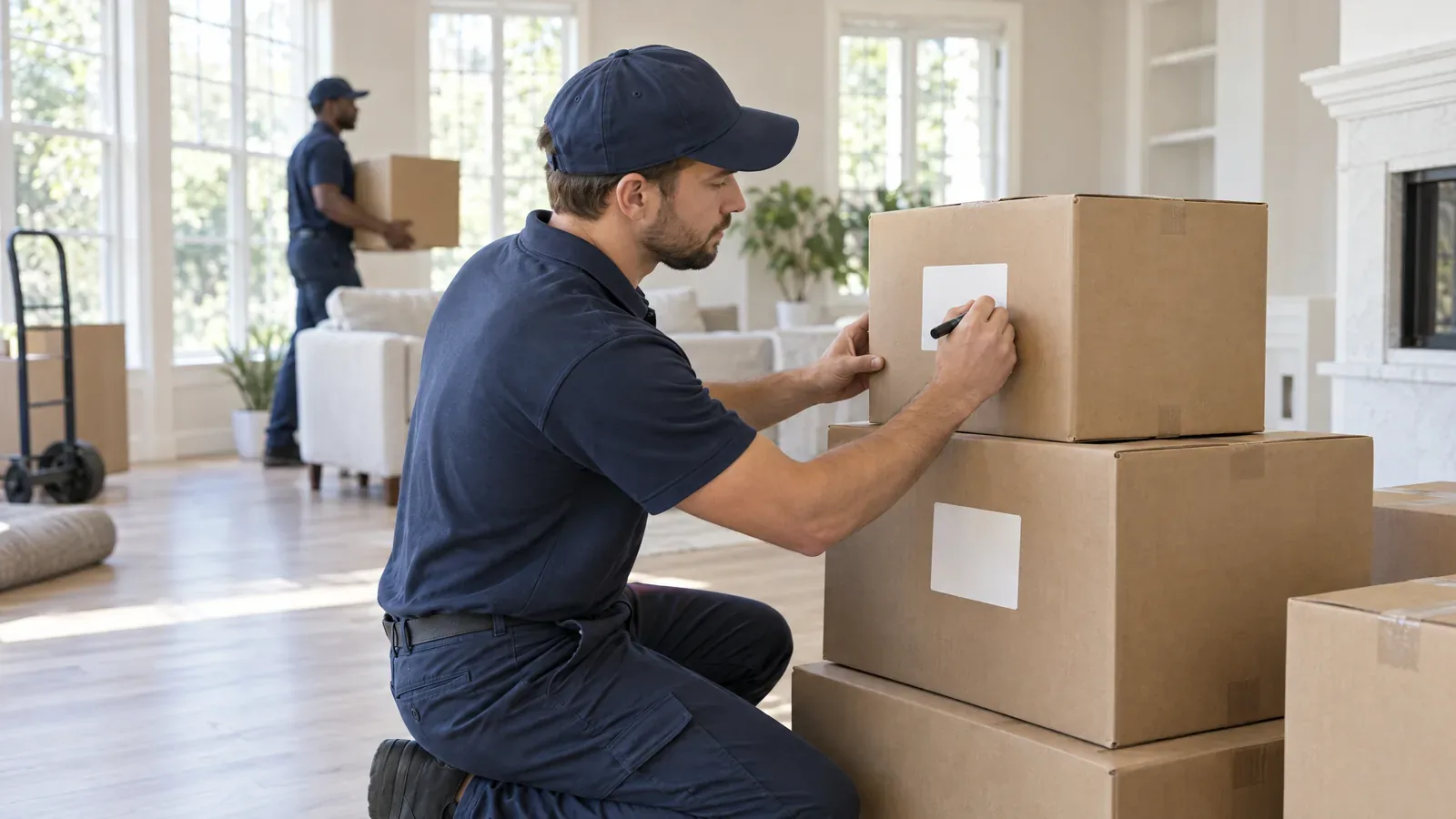 Mover labelling boxes in an empty bright living room before a local Bay Area move
