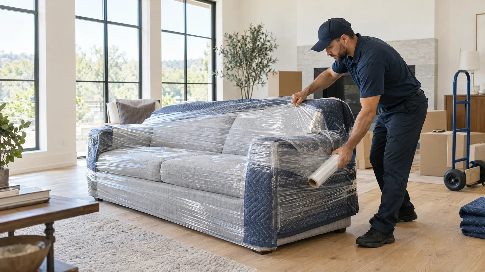 Mover wrapping a sofa in protective film and moving blankets in a bright living room