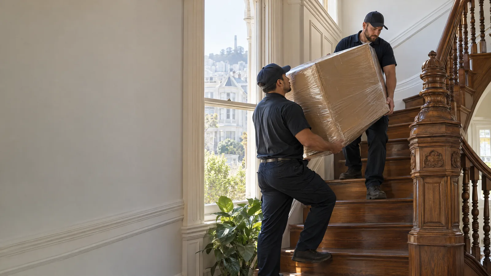 Movers carrying a wrapped box up the staircase of a San Francisco Victorian home