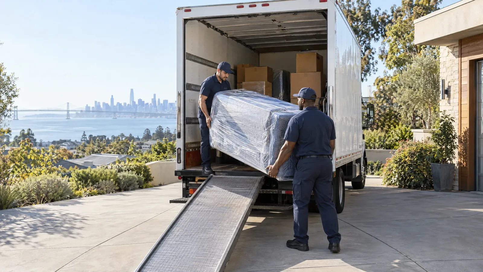 Movers loading a wrapped sofa and boxes into a truck at a Bay Area home