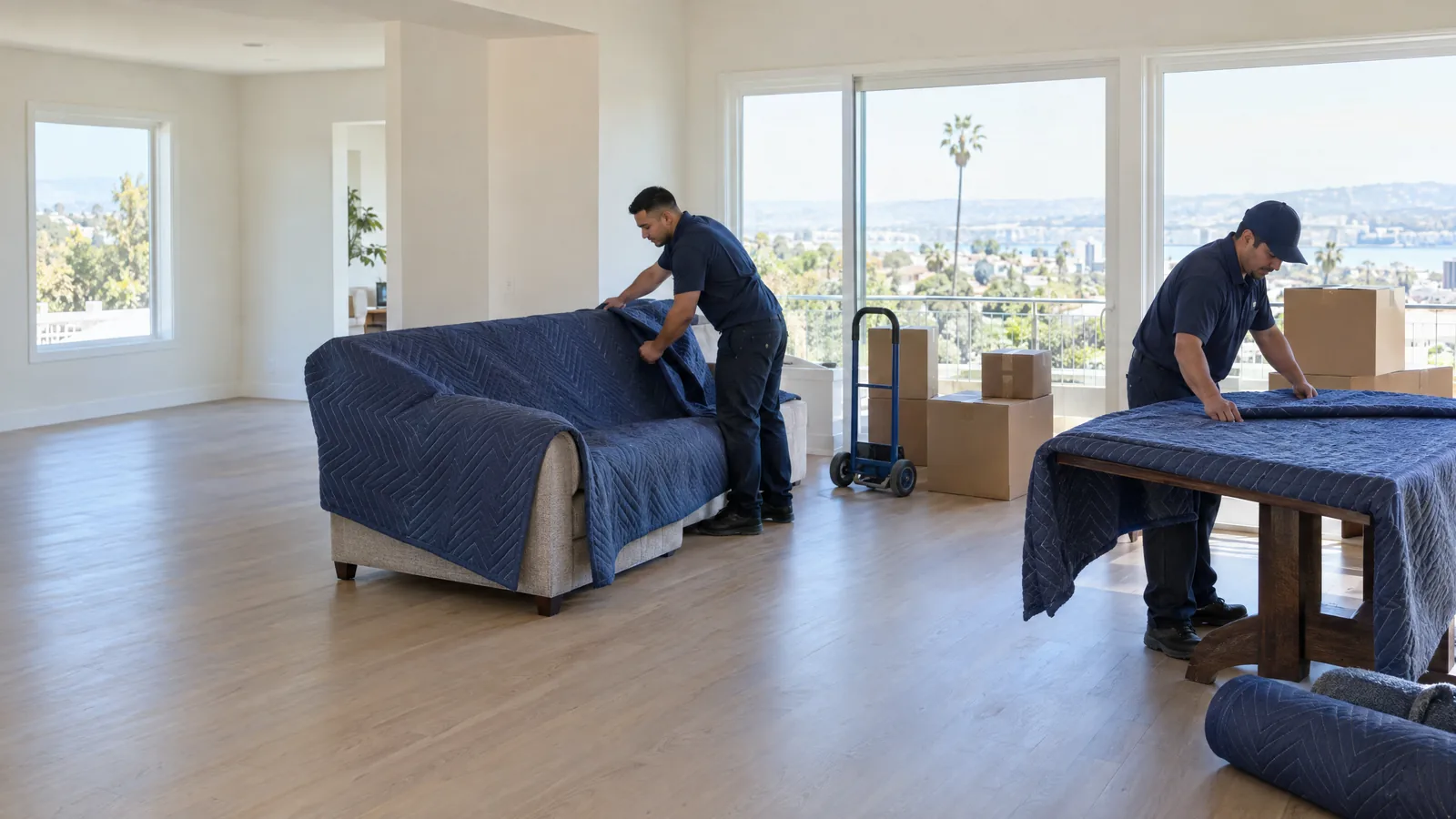 Movers wrapping furniture in padded blankets in a bright living room