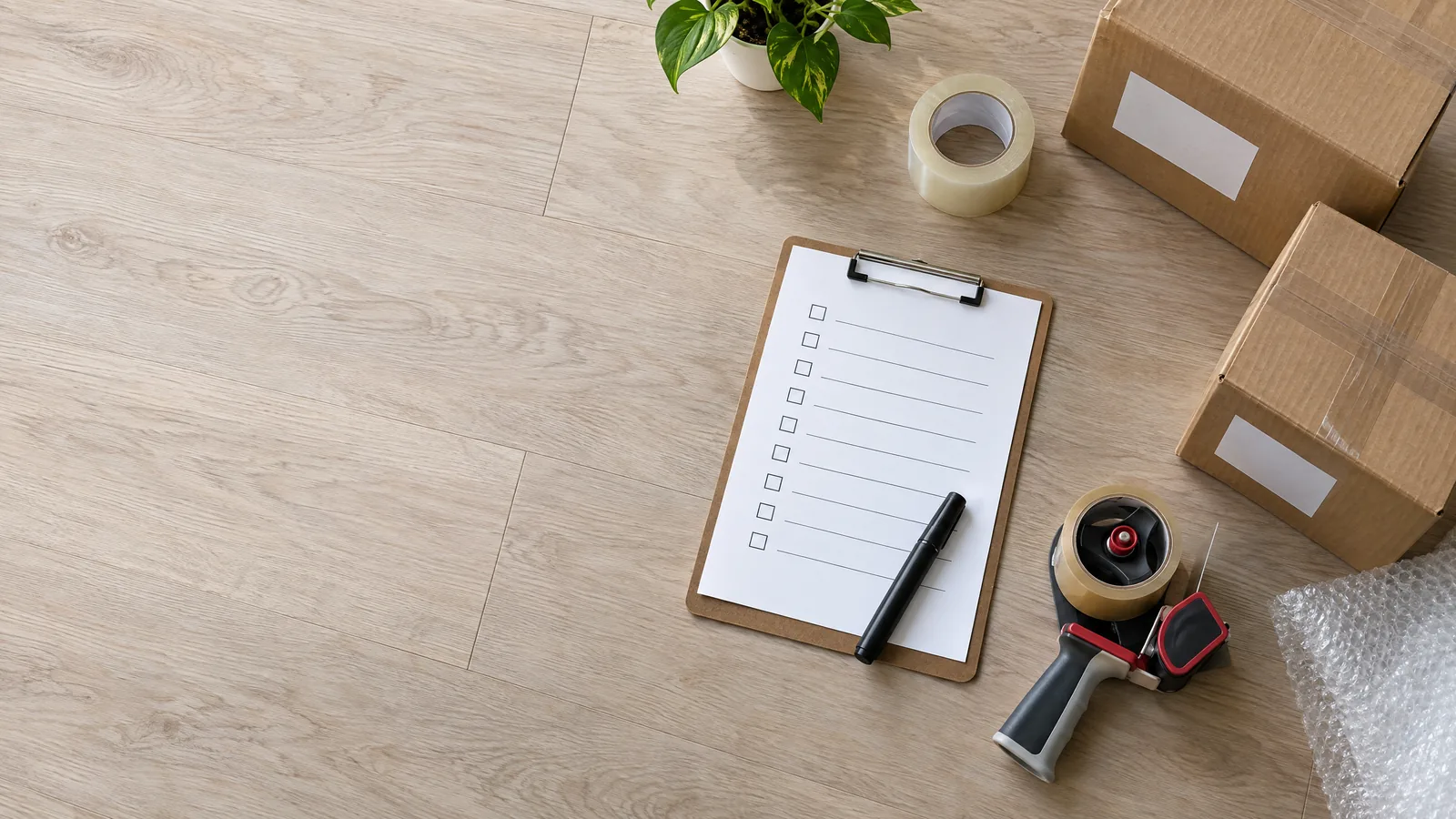 Moving checklist flat lay with boxes, tape and a marker