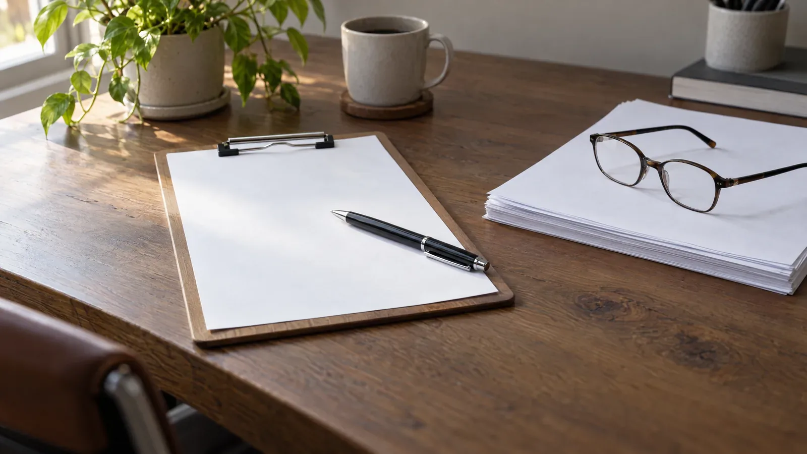 Clipboard with a blank moving agreement and pen on a desk
