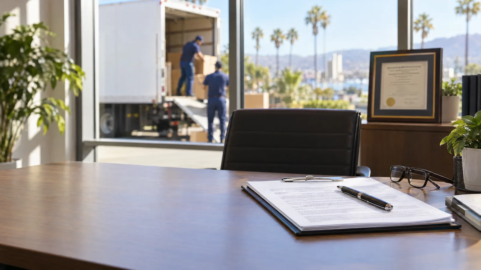 Licence and insurance documents on a moving company office desk