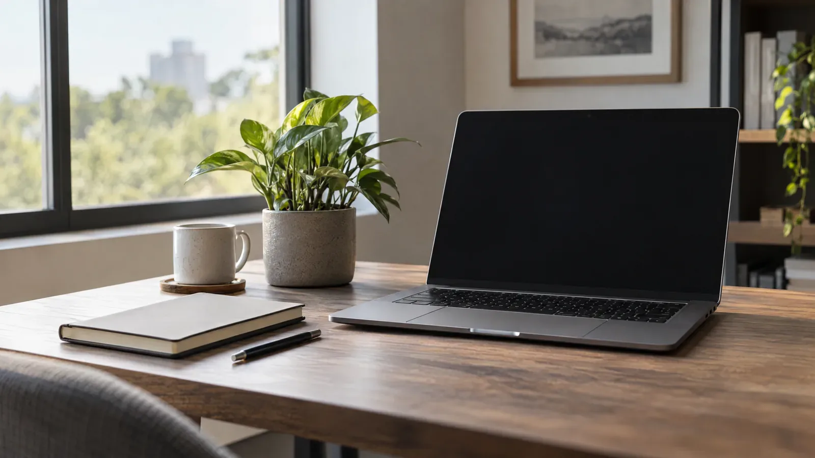 Minimal office desk with a laptop and notebook at the ShipShape Moving office