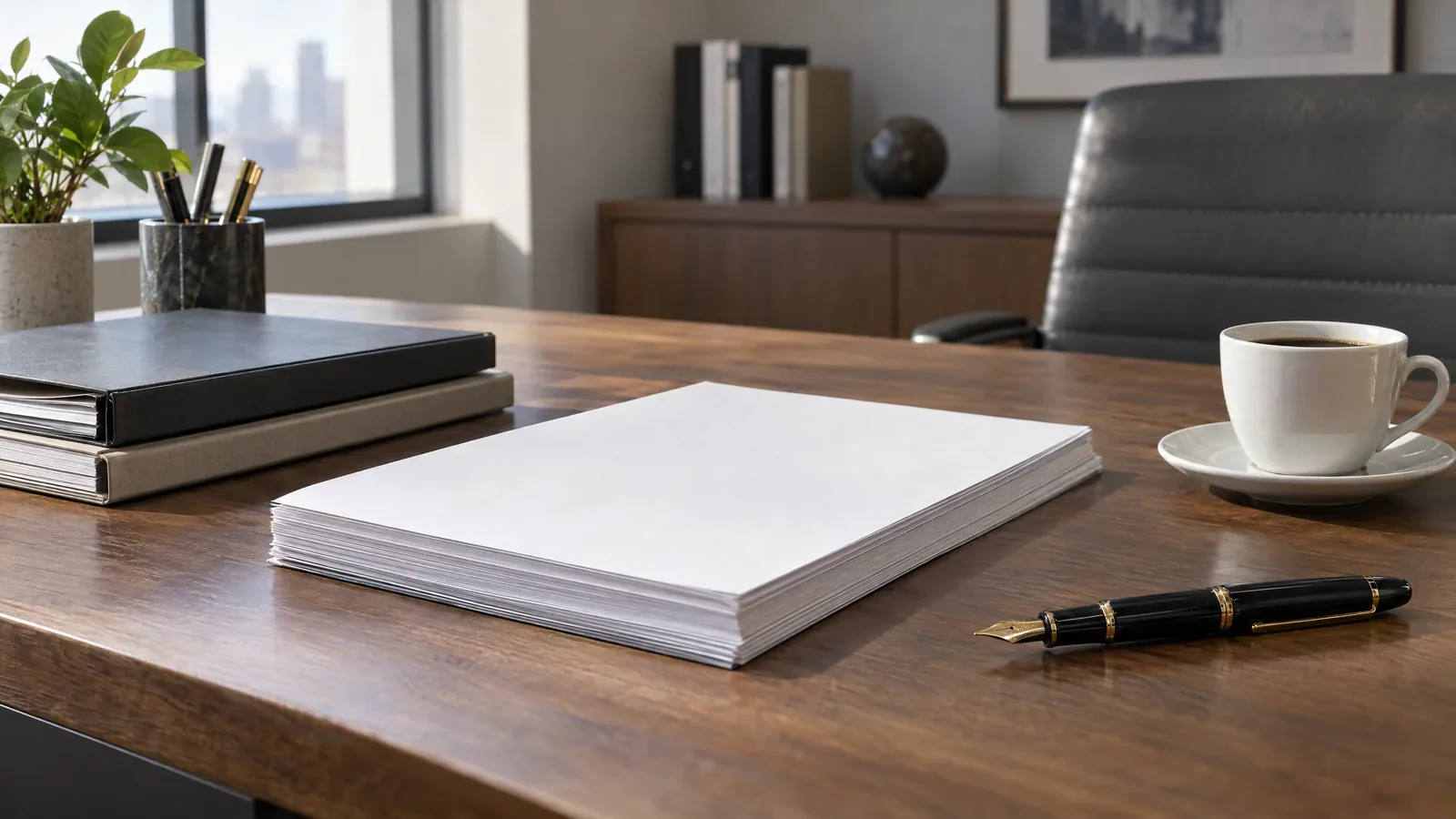 Neat desk with blank moving service documents, folders and a pen