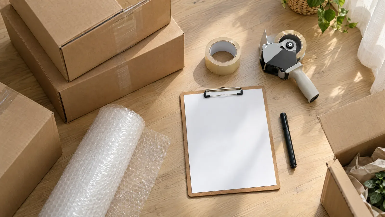 Flat lay of moving supplies: cardboard boxes, packing tape, bubble wrap and a moving checklist