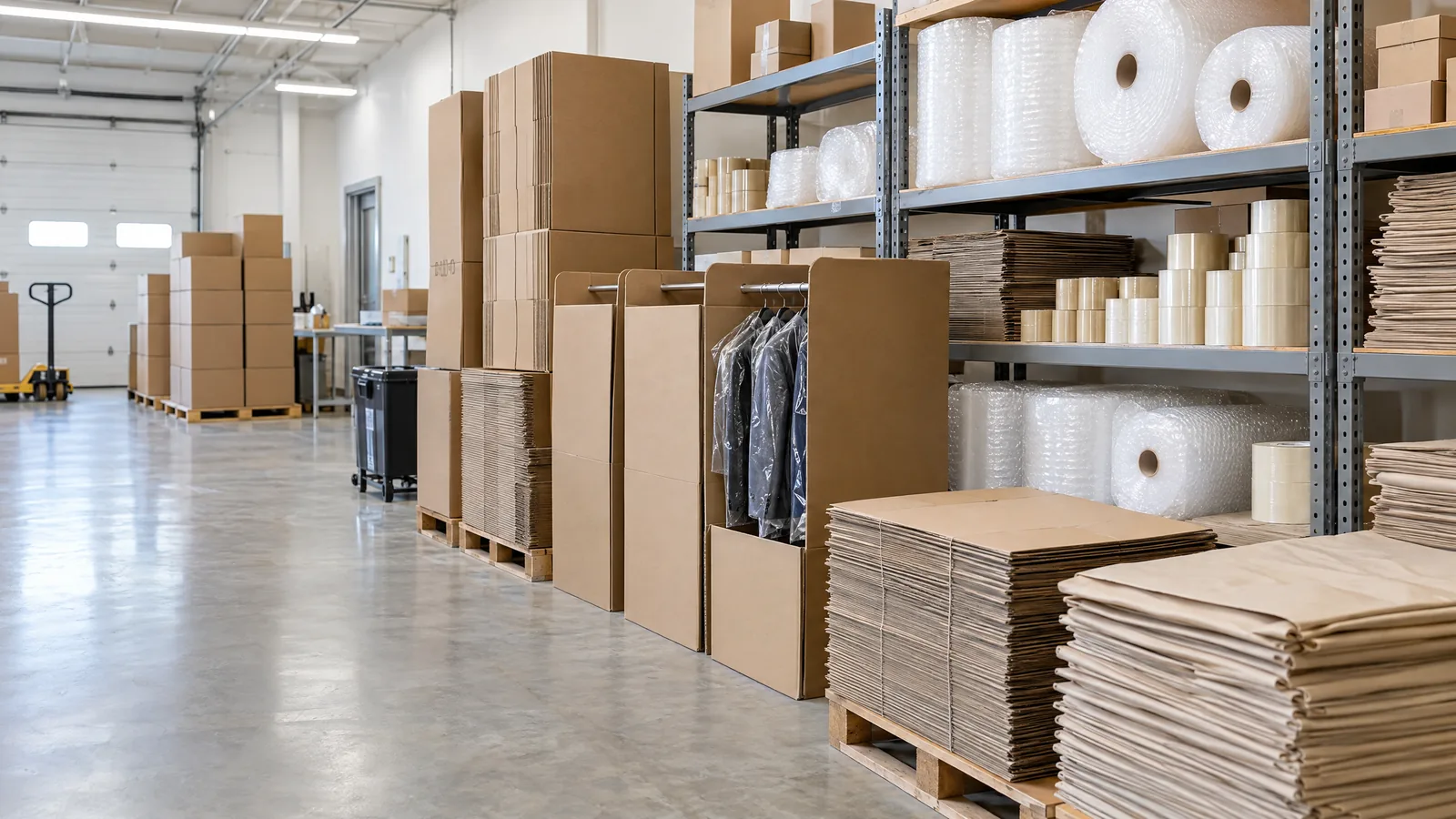 Moving supply room with stacked cardboard boxes and rolls of bubble wrap