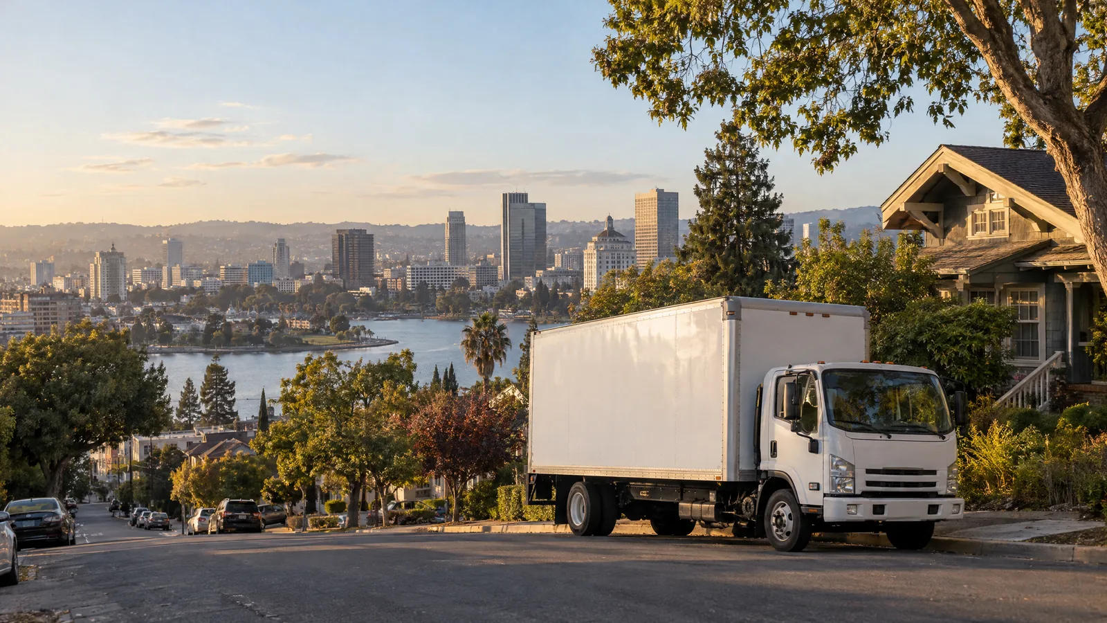 Moving truck in Oakland with Lake Merritt and the downtown skyline behind