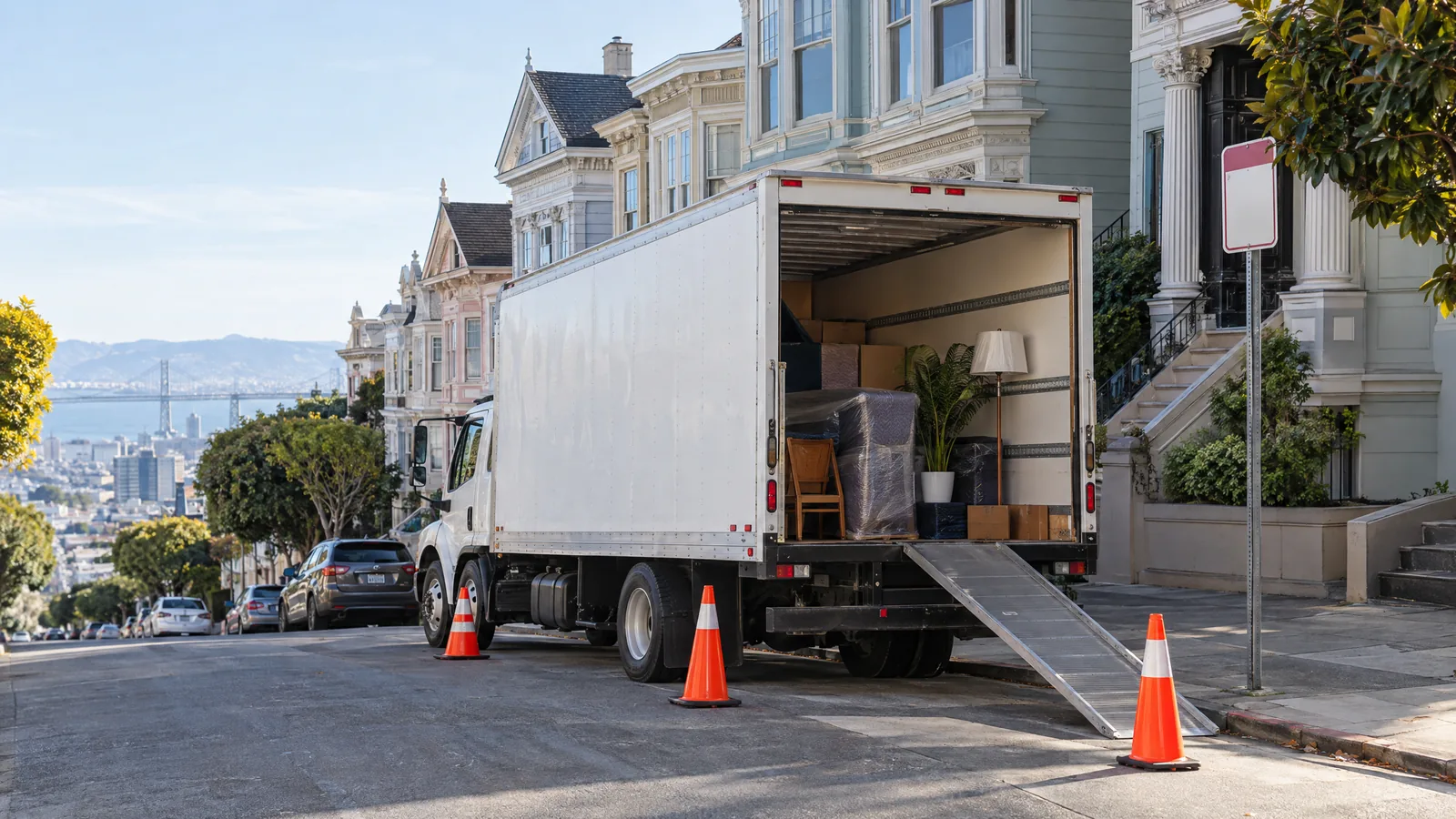Moving truck parked in a reserved loading zone on a San Francisco street