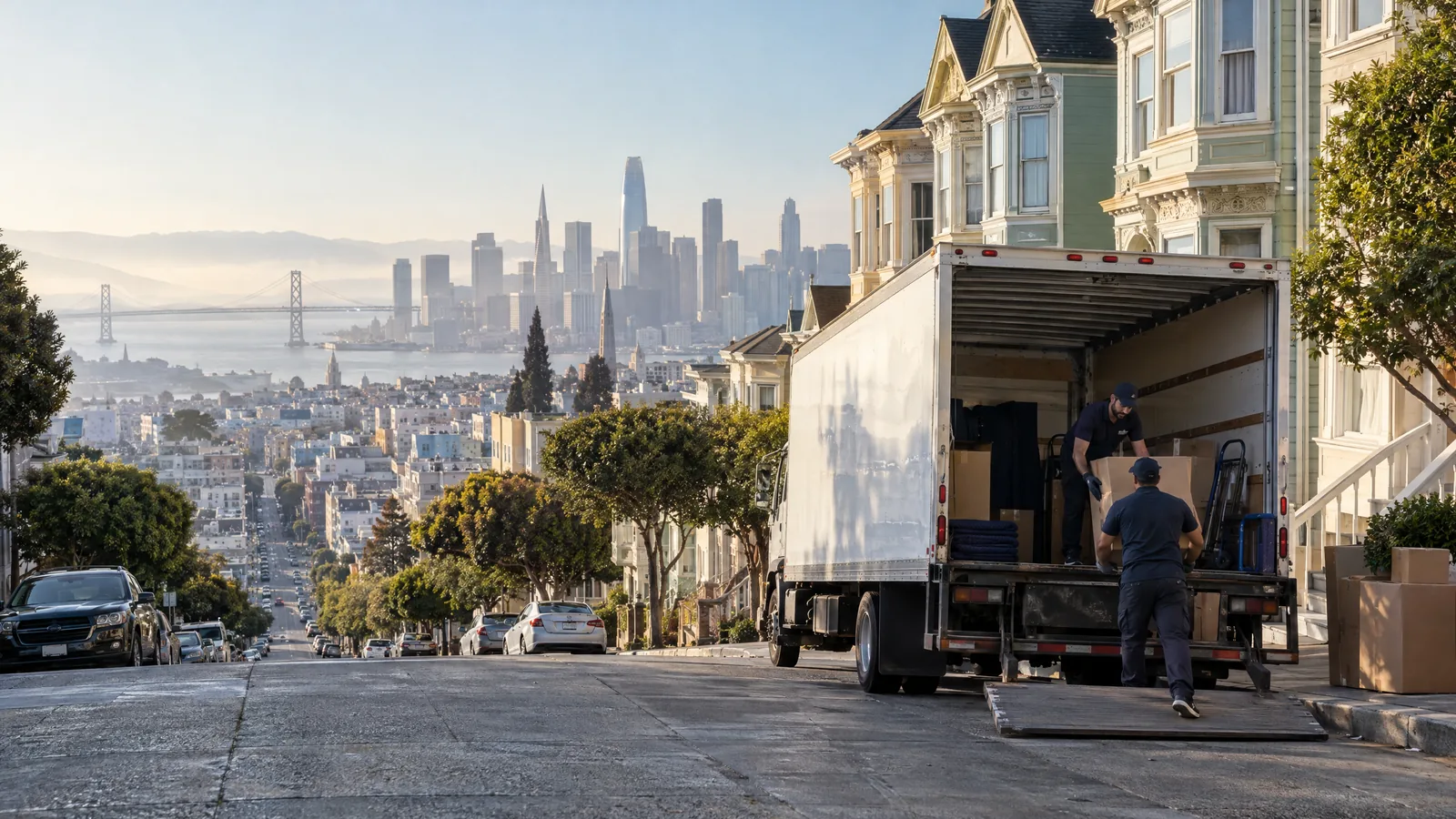 Moving truck on a steep San Francisco street lined with Victorian row houses
