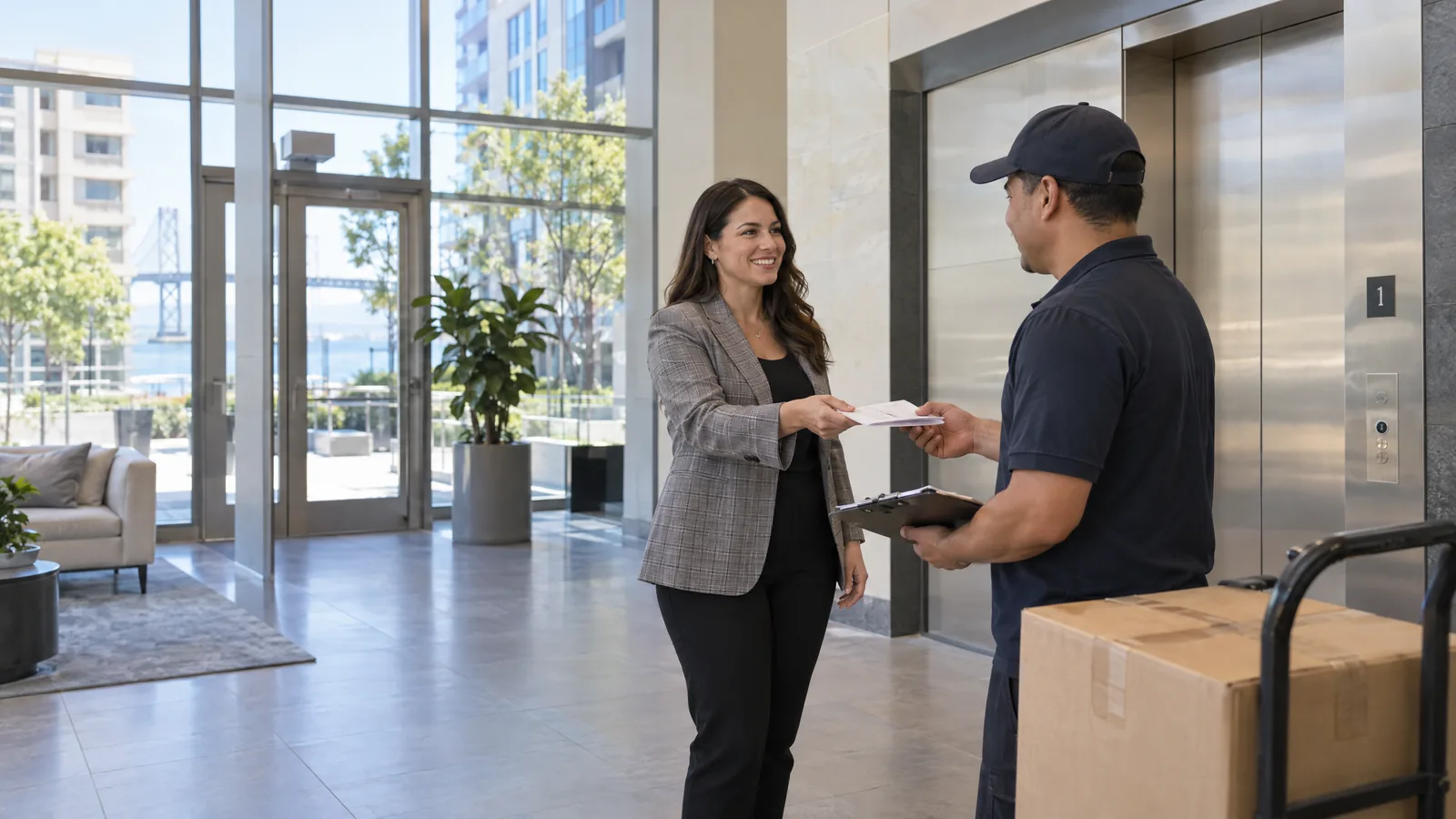 Property manager receiving a certificate of insurance from a mover in a building lobby