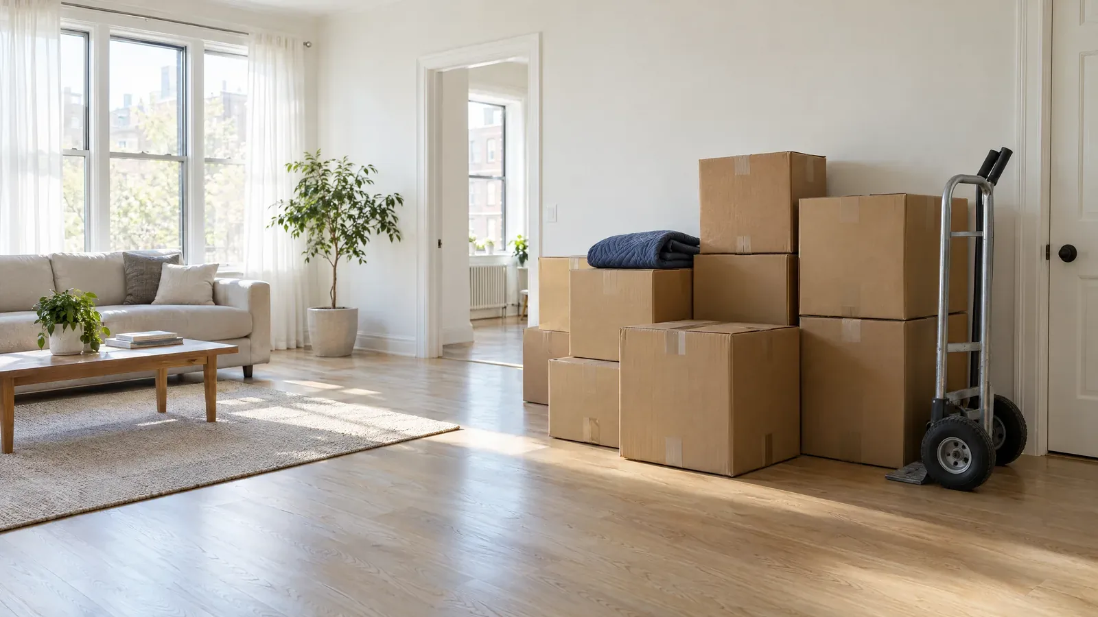 Neatly stacked labelled moving boxes with a hand truck in a bright apartment
