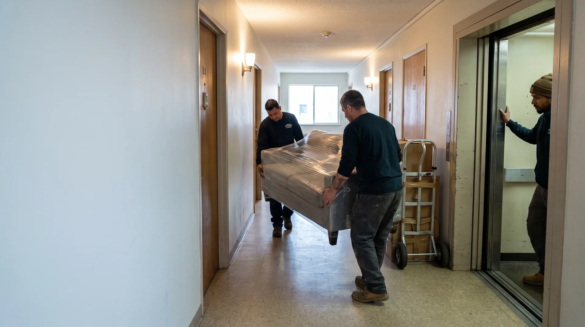 Movers carrying a wrapped sofa along an apartment hallway toward an open elevator