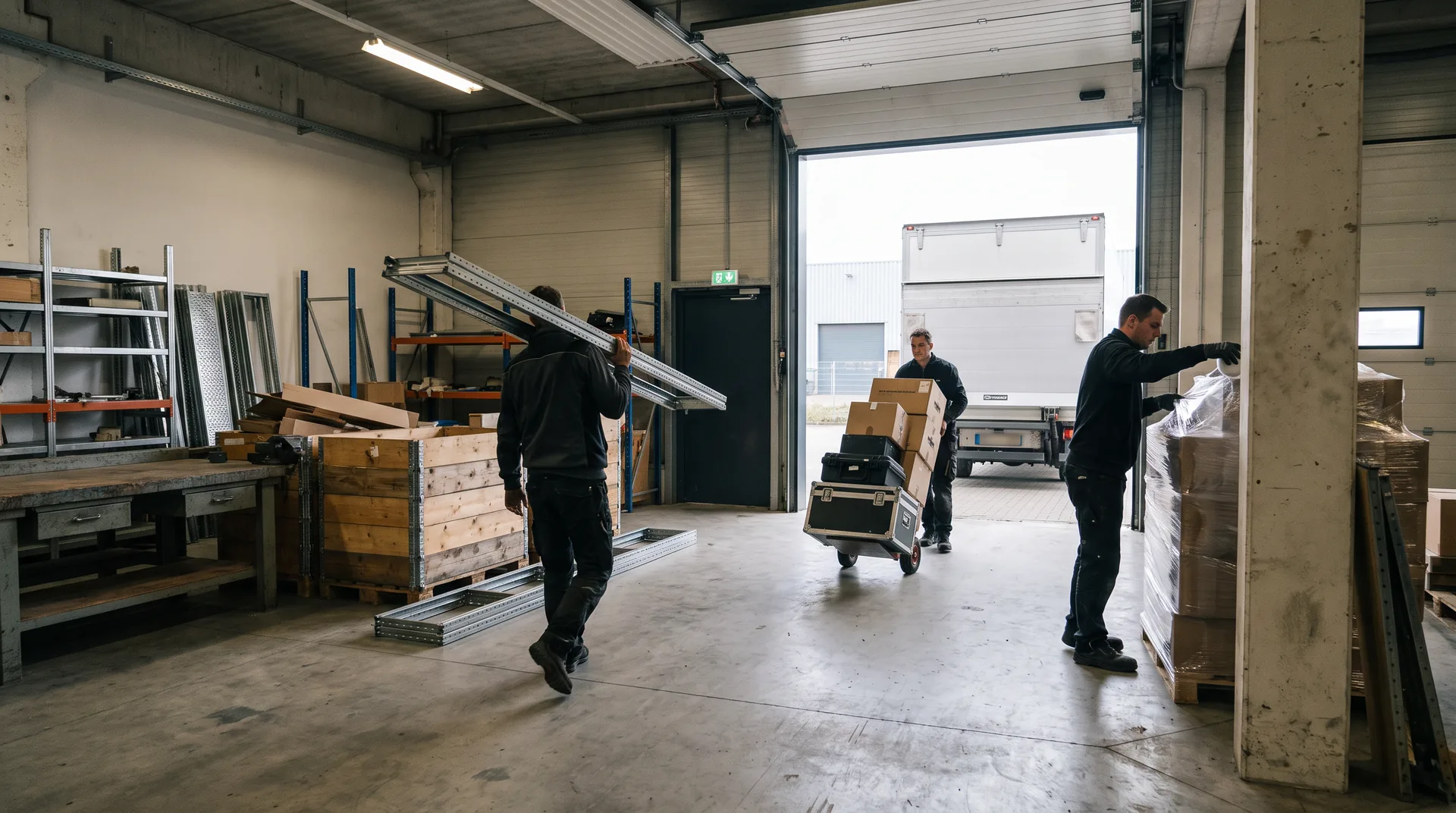 Movers preparing office furniture and equipment for a commercial relocation