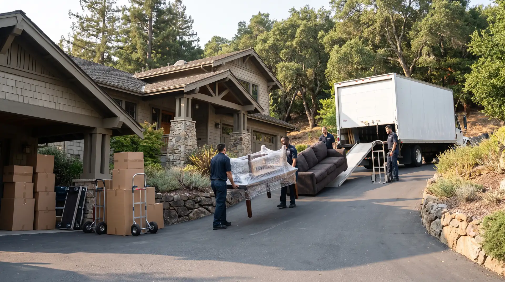 Three movers carrying furniture from a large two-story home to a moving truck