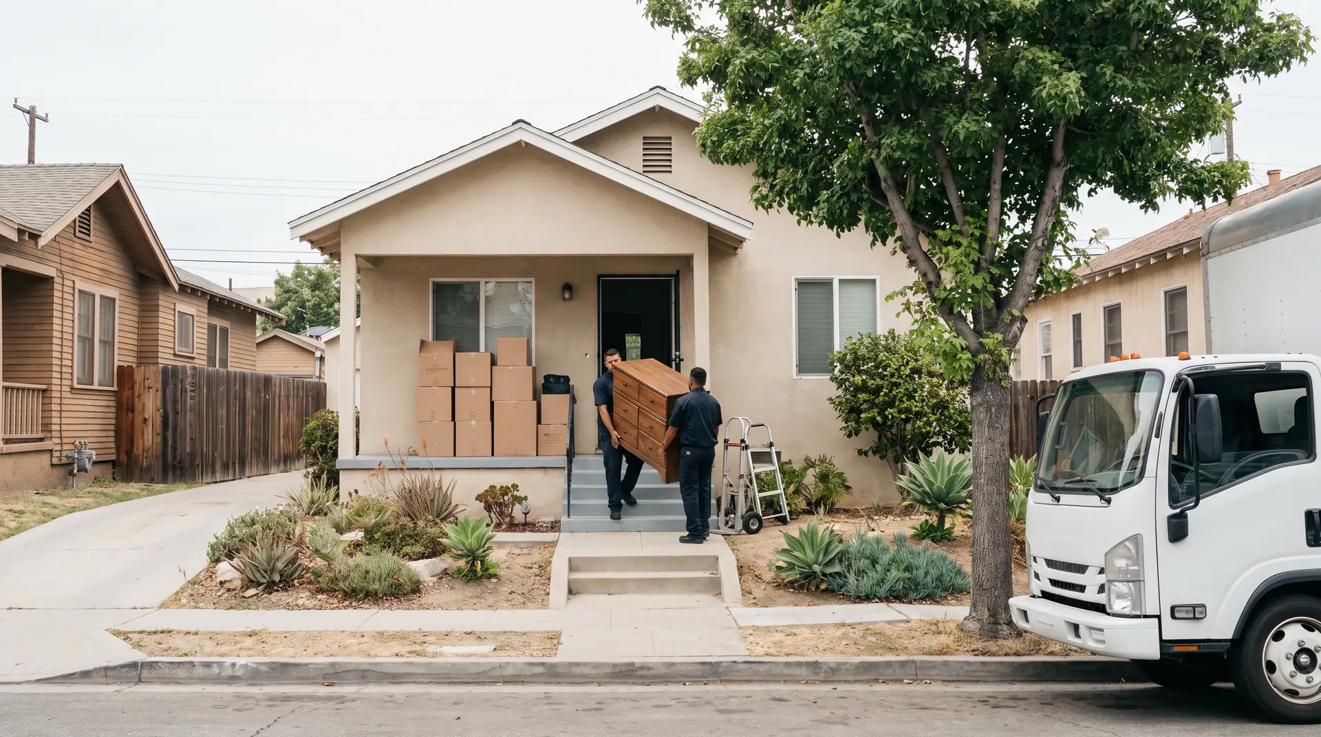 Movers carrying a dresser from a California house to a moving truck at the curb
