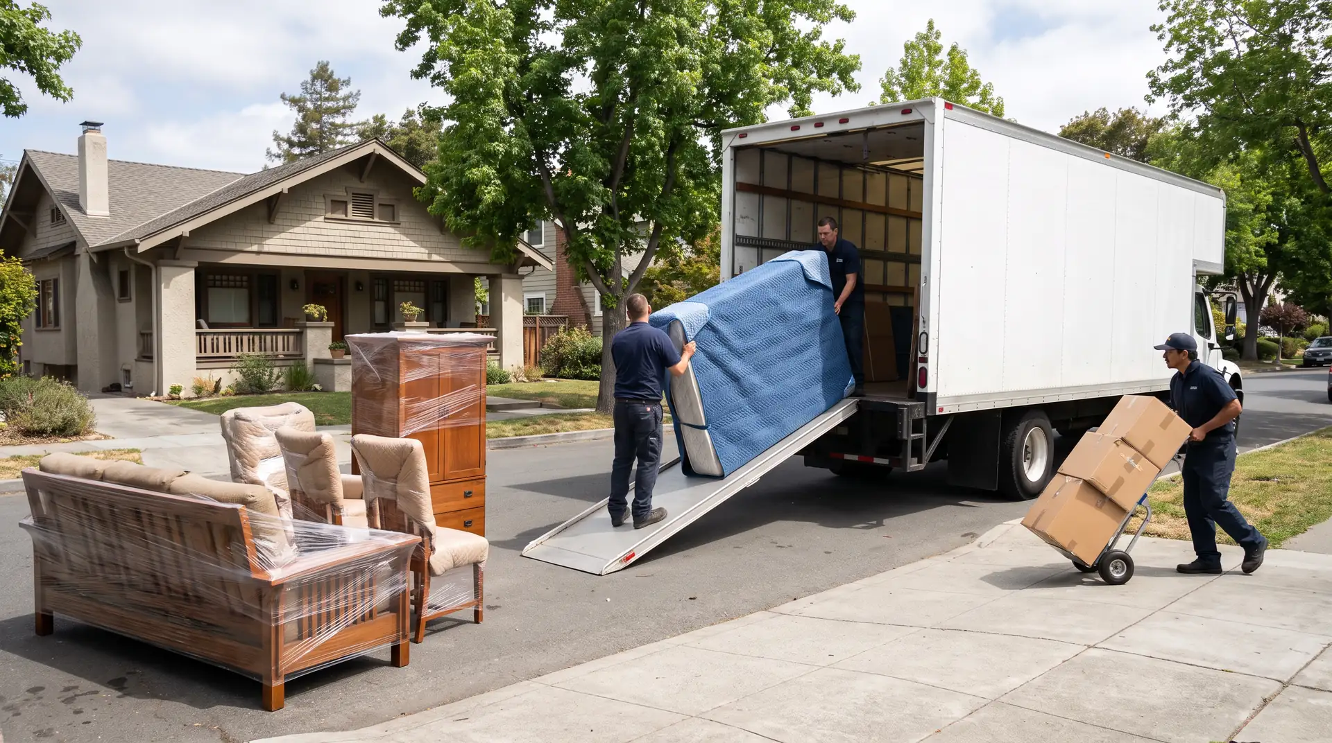 Movers loading a wrapped mattress and boxes into a large moving truck