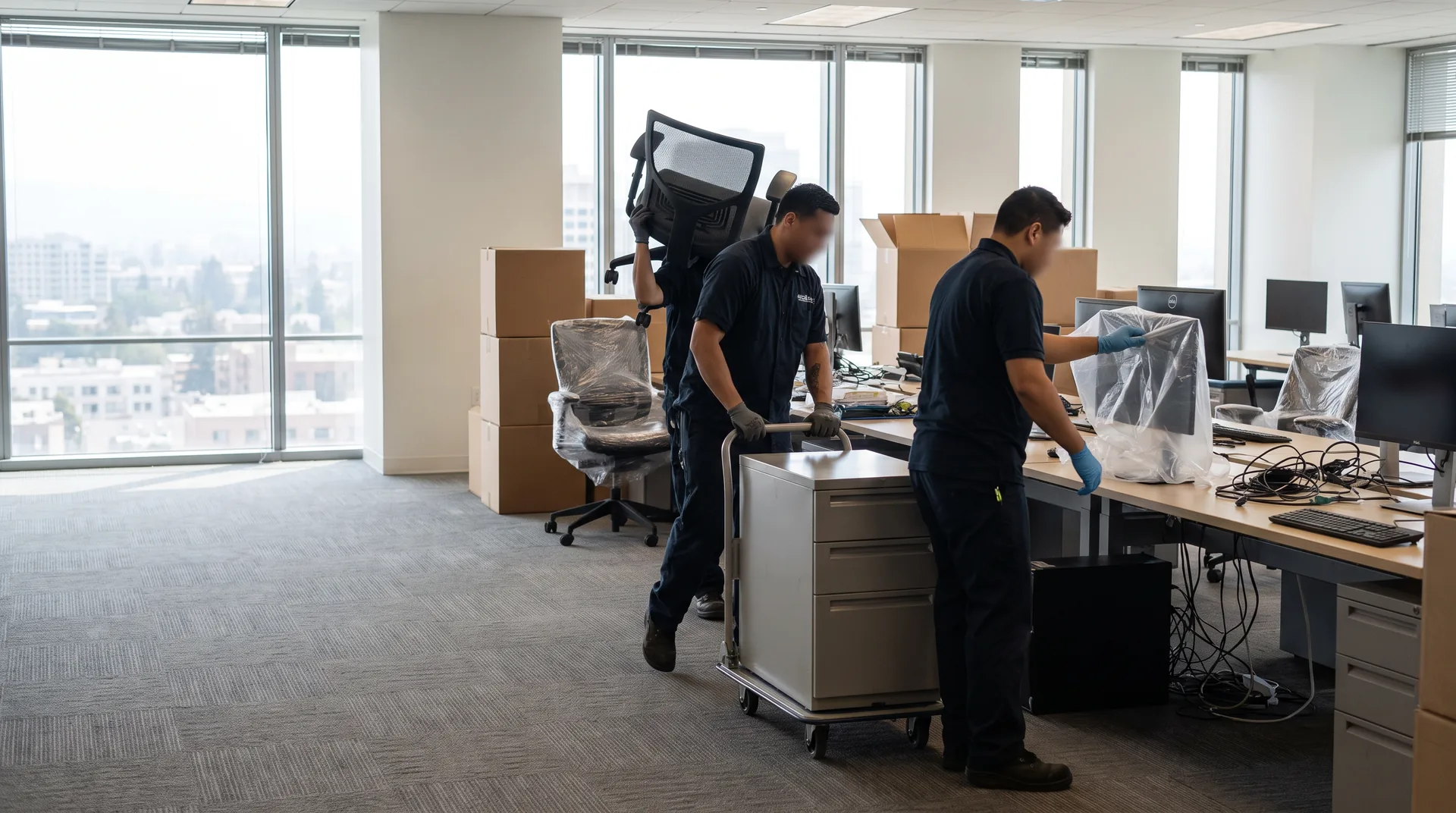 Movers carrying a desk chair and a monitor while relocating an open-plan office