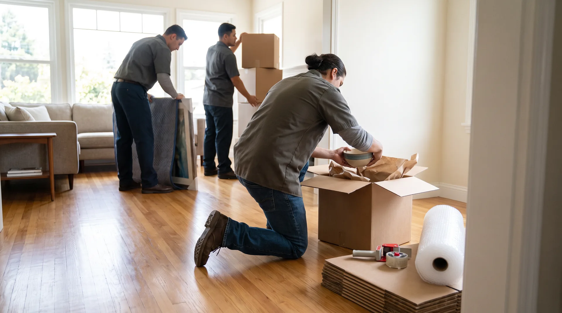 Mover wrapping a ceramic bowl in packing paper beside an open moving box