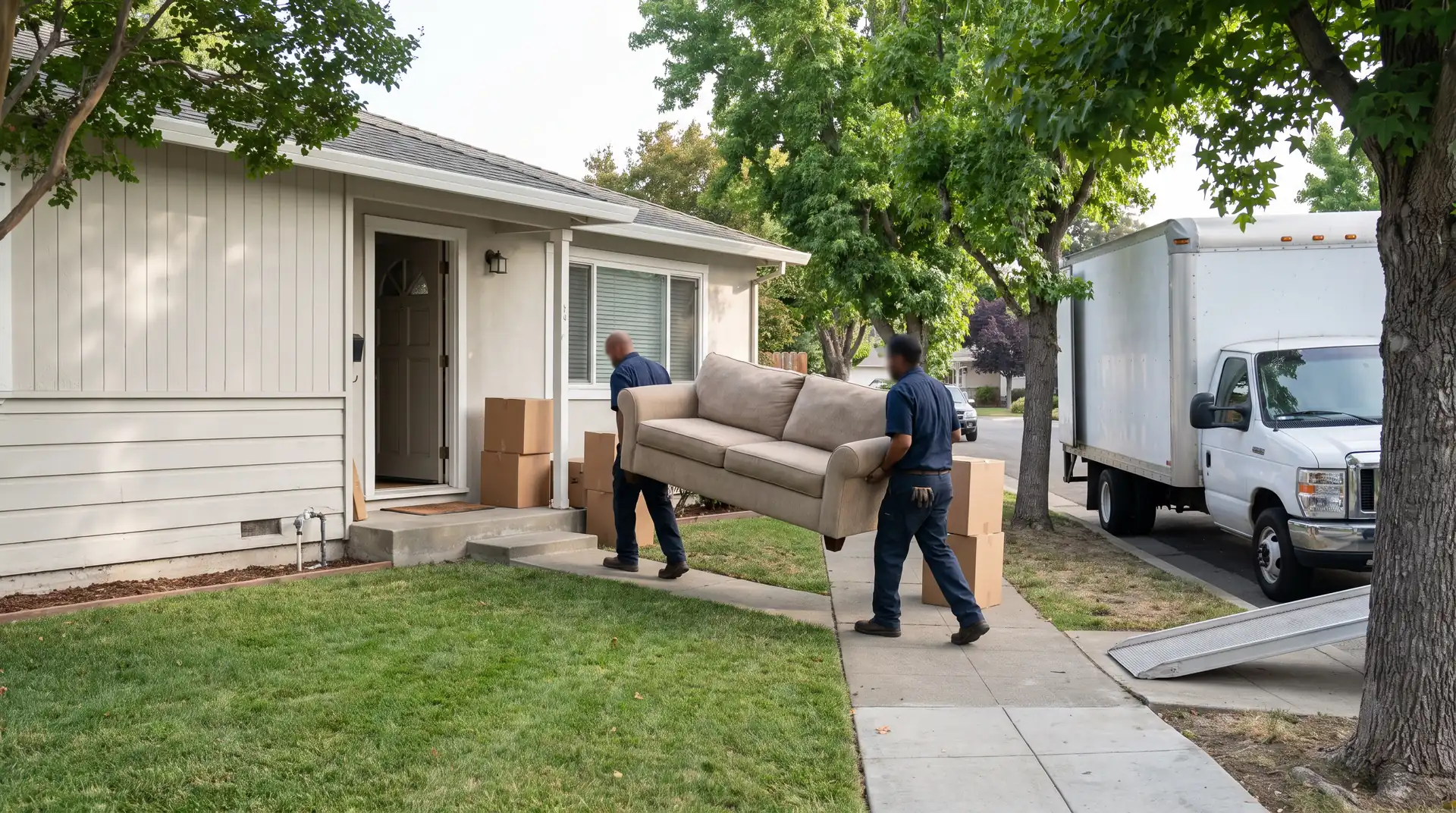 Two movers carrying a sofa out of a Bay Area single-family home to a moving truck