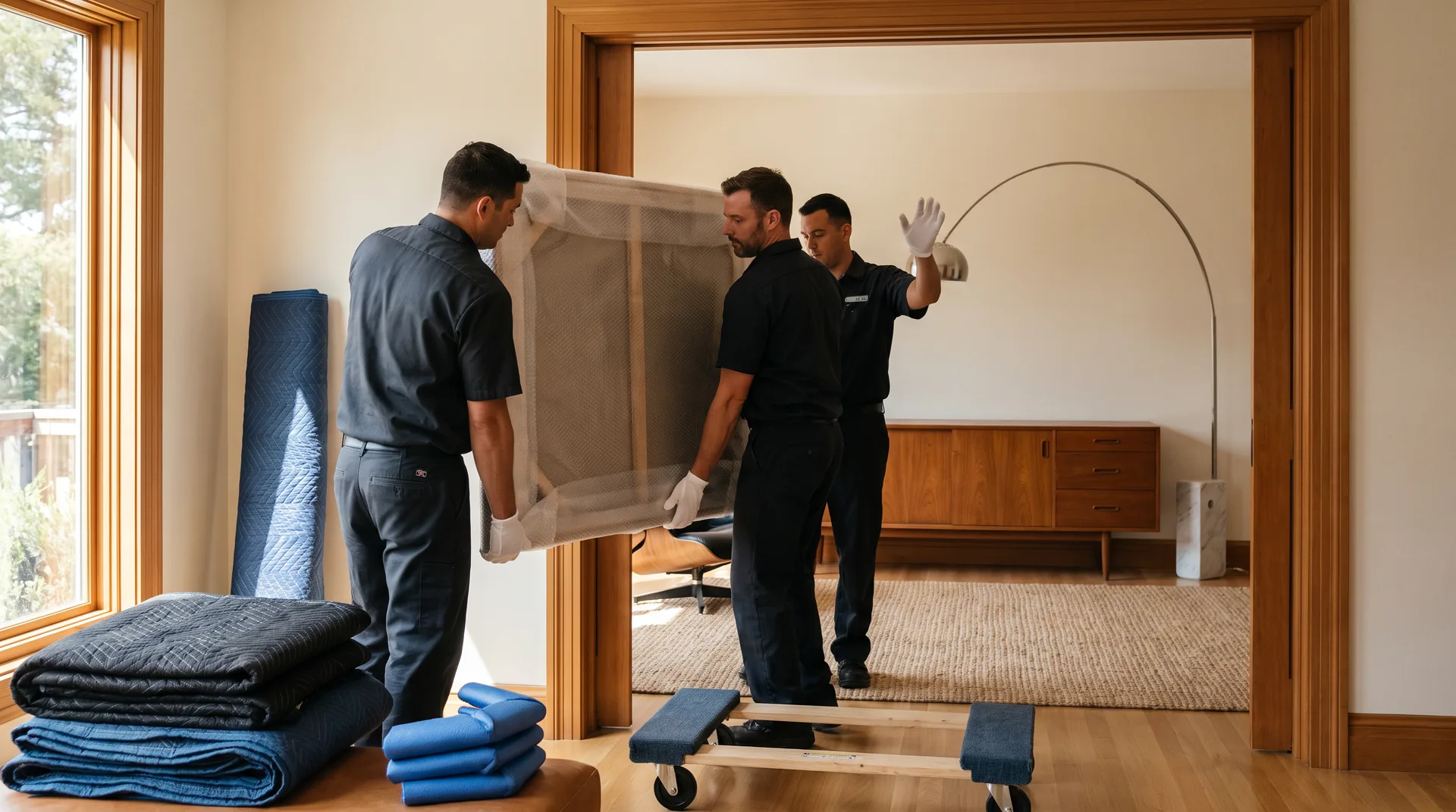 Movers in white gloves carrying a padded framed artwork through an upscale home